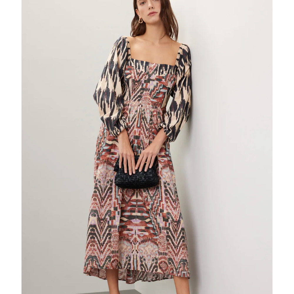 Maria Cher Batik Peasant Midi Dress XS Cottage Boho Western Cotton Prairie $475